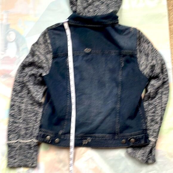 Free People Hooded Denim Knit Jacket Navy Black Gary Distressed L Mixed Media - Picture 10 of 13